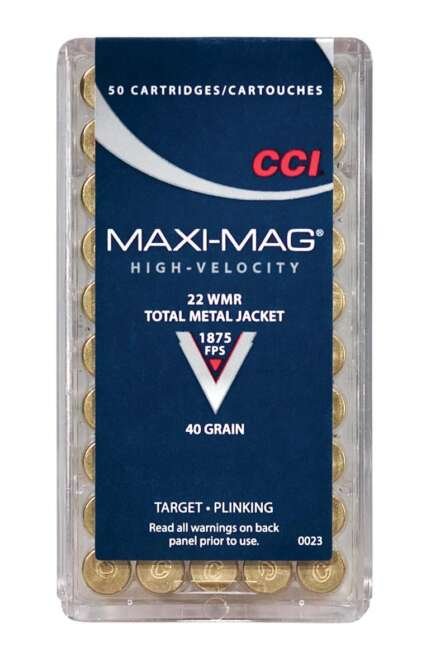 CCI MAXI-MAG 22 WMR 40 Grain 500 Rounds Cartridges Total Metal Jacket 1875 fps