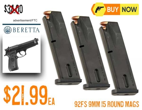 Beretta 92FS 9mm, 15-round magazines lowest price april2025