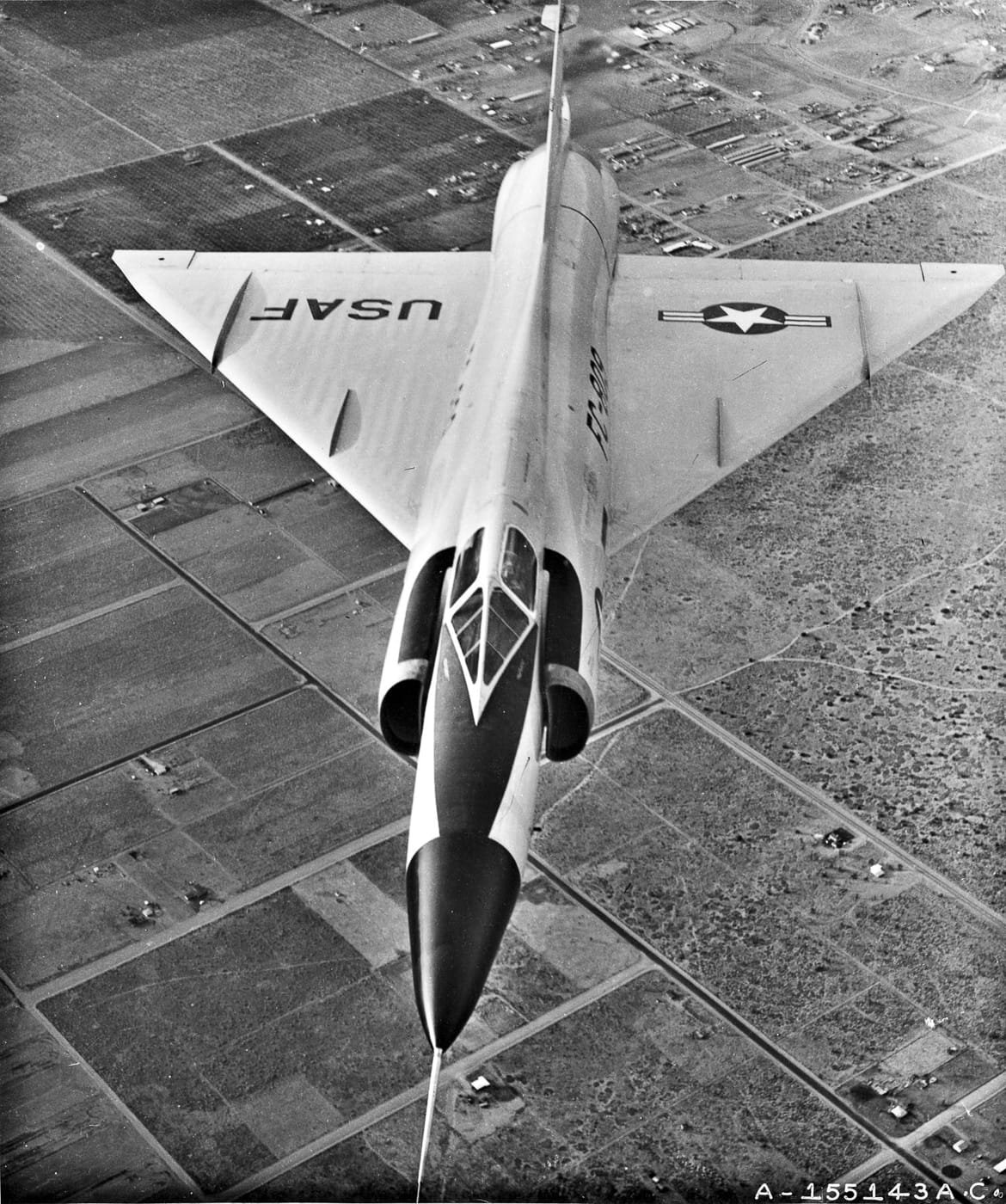 Convair F-102A Delta Dagger in flight overhead view