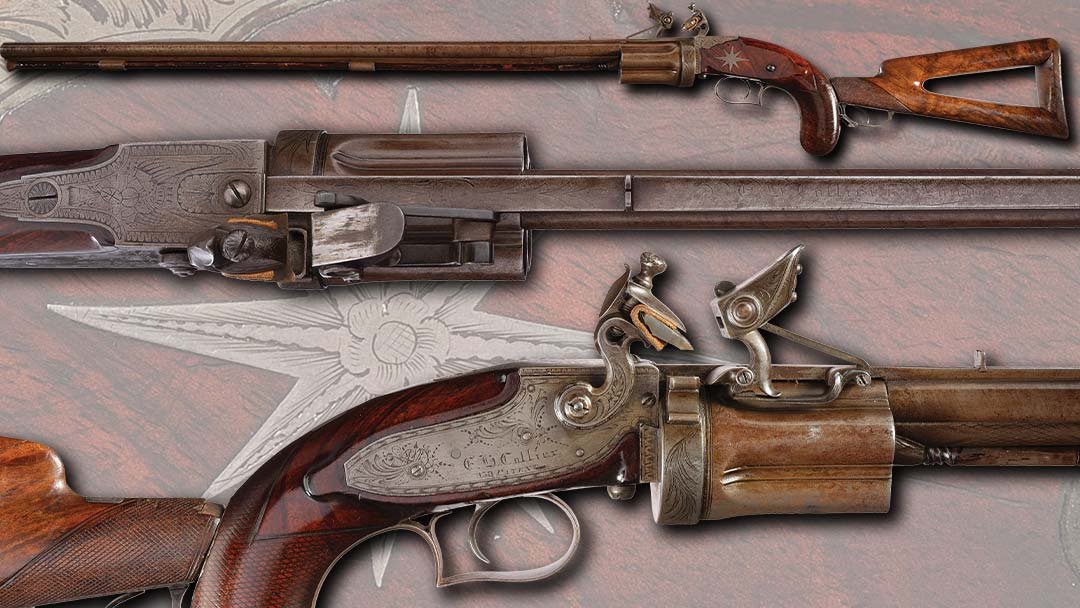 Engraved--Collier-Rifled-Flintlock-Revolving-Pistol-Carbine-with-Detachable-Stock
